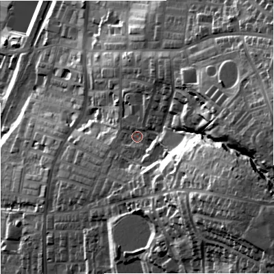 Shaded relief map of the ground around BB95LU, computed from Environment Agency LiDAR. The ground here sits at about 167 m above sea level and falls 72 m across the surrounding 800 m. Surface water reaching this point runs off ground lying to the east-south-east, 35.6 m higher.