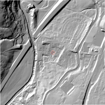 Shaded relief map of the ground around BB95NA, computed from Environment Agency LiDAR. The ground here sits at about 110 m above sea level and falls 62 m across the surrounding 800 m. Surface water reaching this point runs off ground lying to the east, 17.1 m higher.