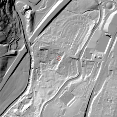 Shaded relief map of the ground around BB95ND, computed from Environment Agency LiDAR. The ground here sits at about 114 m above sea level and falls 64 m across the surrounding 800 m. Surface water reaching this point runs off ground lying to the east, 12.2 m higher.