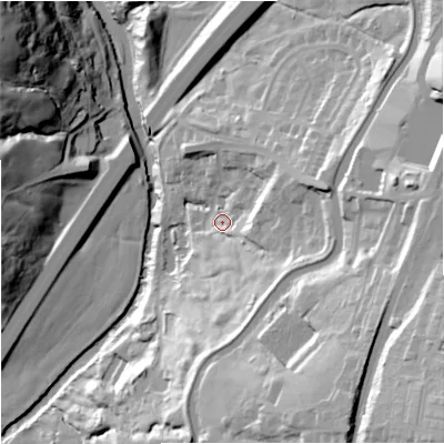 Shaded relief map of the ground around BB95NE, computed from Environment Agency LiDAR. The ground here sits at about 109 m above sea level and falls 62 m across the surrounding 800 m. Surface water reaching this point runs off ground lying to the east-south-east, 45.8 m higher.