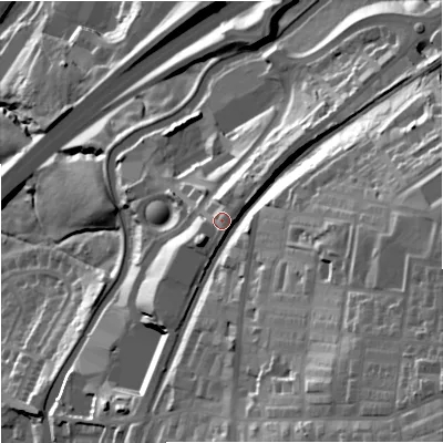 Shaded relief map of the ground around BB95NH, computed from Environment Agency LiDAR. The ground here sits at about 147 m above sea level and falls 83 m across the surrounding 800 m. Surface water reaching this point runs off ground lying to the north-east, 5.7 m higher.