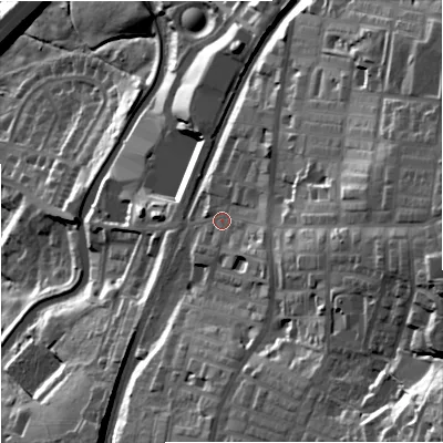 Shaded relief map of the ground around BB95PJ, computed from Environment Agency LiDAR. The ground here sits at about 148 m above sea level and falls 85 m across the surrounding 800 m. Surface water reaching this point runs off ground lying to the east-south-east, 34.3 m higher.