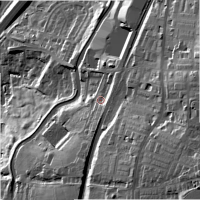Shaded relief map of the ground around BB95PR, computed from Environment Agency LiDAR. The ground here sits at about 137 m above sea level and falls 71 m across the surrounding 800 m. Surface water reaching this point runs off ground lying to the east-south-east, 35.6 m higher.