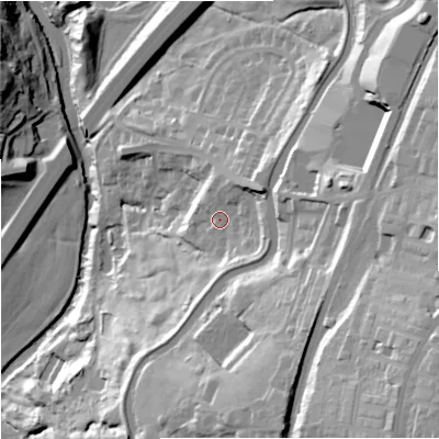 Shaded relief map of the ground around BB95PU, computed from Environment Agency LiDAR. The ground here sits at about 121 m above sea level and falls 67 m across the surrounding 800 m. Surface water reaching this point runs off ground lying to the south-east, 40.9 m higher.