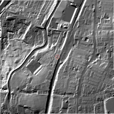 Shaded relief map of the ground around BB95PW, computed from Environment Agency LiDAR. The ground here sits at about 142 m above sea level and falls 76 m across the surrounding 800 m. Surface water reaching this point runs off ground lying to the east, 6.5 m higher.