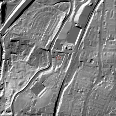 Shaded relief map of the ground around BB95PY, computed from Environment Agency LiDAR. The ground here sits at about 132 m above sea level and falls 74 m across the surrounding 800 m. Surface water reaching this point runs off ground lying to the east-north-east, 10.9 m higher.