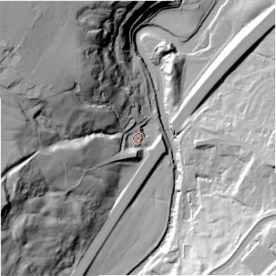 Shaded relief map of the ground around BB95QP, computed from Environment Agency LiDAR. The ground here sits at about 107 m above sea level and falls 75 m across the surrounding 800 m. Surface water reaching this point runs off ground lying to the north-west, 63.1 m higher.