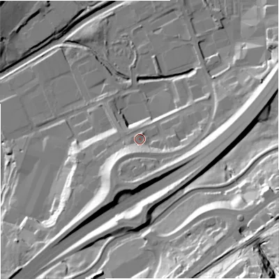 Shaded relief map of the ground around BB95SP, computed from Environment Agency LiDAR. The ground here sits at about 116 m above sea level and falls 60 m across the surrounding 800 m. Surface water reaching this point runs off ground lying to the south-west, 10.3 m higher.