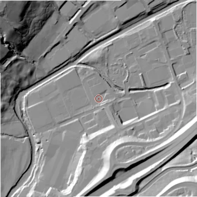 Shaded relief map of the ground around BB95SR, computed from Environment Agency LiDAR. The ground here sits at about 109 m above sea level and falls 48 m across the surrounding 800 m. Surface water reaching this point runs off ground lying to the east-south-east, 3.3 m higher.