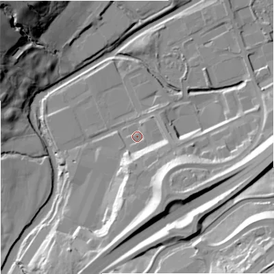 Shaded relief map of the ground around BB95SS, computed from Environment Agency LiDAR. The ground here sits at about 110 m above sea level and falls 46 m across the surrounding 800 m. Surface water reaching this point runs off ground lying to the south-south-east, 18.5 m higher.