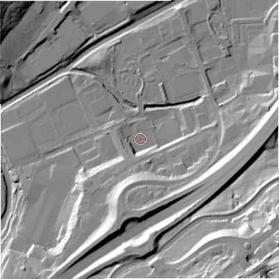 Shaded relief map of the ground around BB95ST, computed from Environment Agency LiDAR. The ground here sits at about 109 m above sea level and falls 48 m across the surrounding 800 m. Surface water reaching this point runs off ground lying to the south-south-west, 9.0 m higher.