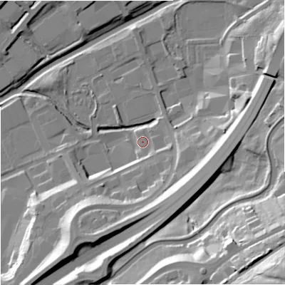 Shaded relief map of the ground around BB95TF, computed from Environment Agency LiDAR. The ground here sits at about 111 m above sea level and falls 53 m across the surrounding 800 m. Surface water reaching this point runs off ground lying to the south-south-west, 21.6 m higher.