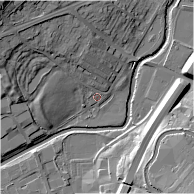 Shaded relief map of the ground around BB96BU, computed from Environment Agency LiDAR. The ground here sits at about 113 m above sea level and falls 37 m across the surrounding 800 m. Surface water reaching this point runs off ground lying to the north-west, 23.3 m higher.