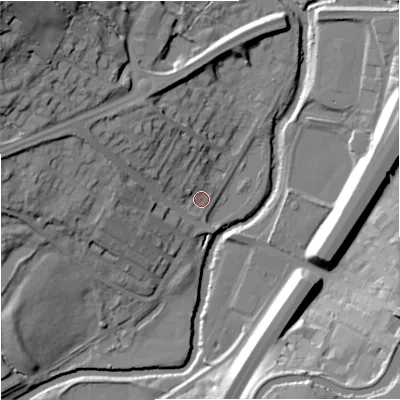 Shaded relief map of the ground around BB96DG, computed from Environment Agency LiDAR. The ground here sits at about 114 m above sea level and falls 39 m across the surrounding 800 m. Surface water reaching this point runs off ground lying to the west-north-west, 17.5 m higher.
