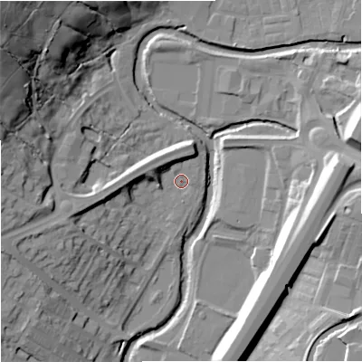 Shaded relief map of the ground around BB96DN, computed from Environment Agency LiDAR. The ground here sits at about 113 m above sea level and falls 44 m across the surrounding 800 m. Surface water reaching this point runs off ground lying to the west, 7.3 m higher.
