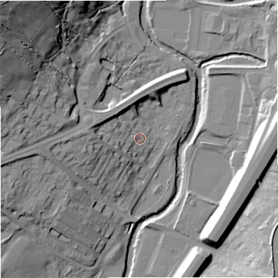 Shaded relief map of the ground around BB96DP, computed from Environment Agency LiDAR. The ground here sits at about 115 m above sea level and falls 47 m across the surrounding 800 m. Surface water reaching this point runs off ground lying to the west, 9.8 m higher.