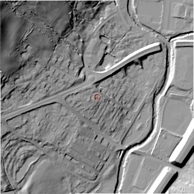 Shaded relief map of the ground around BB96DQ, computed from Environment Agency LiDAR. The ground here sits at about 122 m above sea level and falls 60 m across the surrounding 800 m. Surface water reaching this point runs off ground lying to the west, 5.7 m higher.
