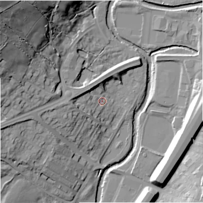Shaded relief map of the ground around BB96DR, computed from Environment Agency LiDAR. The ground here sits at about 116 m above sea level and falls 51 m across the surrounding 800 m. Surface water reaching this point runs off ground lying to the west, 9.8 m higher.