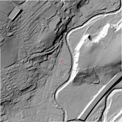 Shaded relief map of the ground around BB96DT, computed from Environment Agency LiDAR. The ground here sits at about 122 m above sea level and falls 55 m across the surrounding 800 m. Surface water reaching this point runs off ground lying to the north-west, 49.3 m higher.