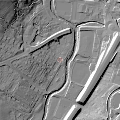 Shaded relief map of the ground around BB96DW, computed from Environment Agency LiDAR. The ground here sits at about 113 m above sea level and falls 42 m across the surrounding 800 m. Surface water reaching this point runs off ground lying to the west, 12.1 m higher.