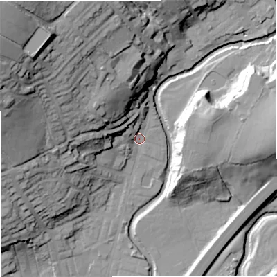 Shaded relief map of the ground around BB96DX, computed from Environment Agency LiDAR. The ground here sits at about 122 m above sea level and falls 56 m across the surrounding 800 m. Surface water reaching this point runs off ground lying to the north-west, 49.8 m higher.