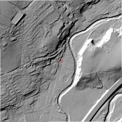 Shaded relief map of the ground around BB96EH, computed from Environment Agency LiDAR. The ground here sits at about 122 m above sea level and falls 57 m across the surrounding 800 m. Surface water reaching this point runs off ground lying to the north-west, 50.1 m higher.