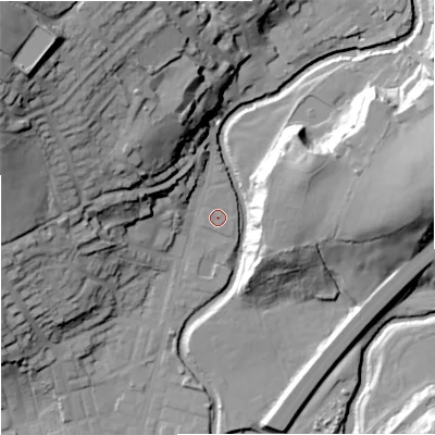 Shaded relief map of the ground around BB96EJ, computed from Environment Agency LiDAR. The ground here sits at about 122 m above sea level and falls 54 m across the surrounding 800 m. Surface water reaching this point runs off ground lying to the north, 1.2 m higher.