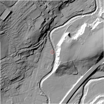 Shaded relief map of the ground around BB96EL, computed from Environment Agency LiDAR. The ground here sits at about 122 m above sea level and falls 53 m across the surrounding 800 m. Surface water reaching this point runs off ground lying to the north-west, 43.0 m higher.