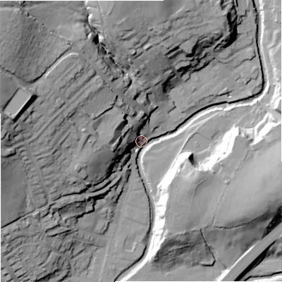 Shaded relief map of the ground around BB96EP, computed from Environment Agency LiDAR. The ground here sits at about 125 m above sea level and falls 54 m across the surrounding 800 m. Surface water reaching this point runs off ground lying to the north-west, 49.8 m higher.