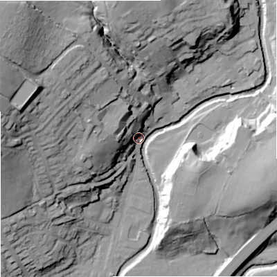 Shaded relief map of the ground around BB96ER, computed from Environment Agency LiDAR. The ground here sits at about 122 m above sea level and falls 55 m across the surrounding 800 m. Surface water reaching this point runs off ground lying to the north-west, 50.6 m higher.