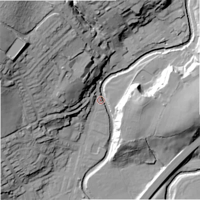 Shaded relief map of the ground around BB96EW, computed from Environment Agency LiDAR. The ground here sits at about 122 m above sea level and falls 54 m across the surrounding 800 m. Surface water reaching this point runs off ground lying to the north-west, 50.7 m higher.