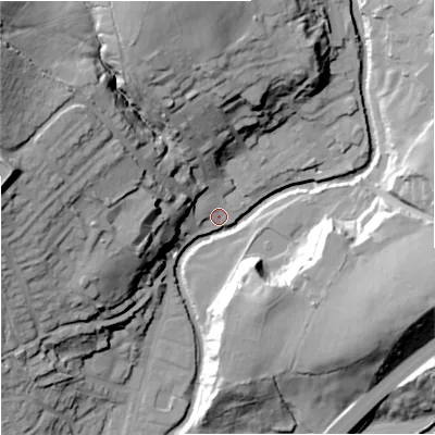 Shaded relief map of the ground around BB96HQ, computed from Environment Agency LiDAR. The ground here sits at about 124 m above sea level and falls 49 m across the surrounding 800 m. Surface water reaching this point runs off ground lying to the north-west, 43.0 m higher.