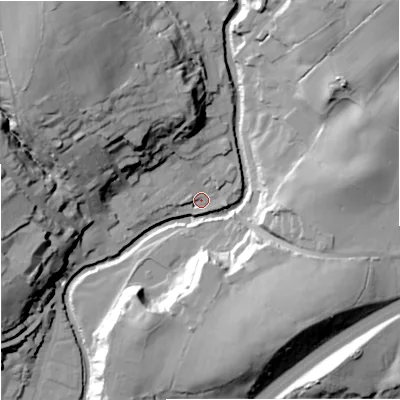 Shaded relief map of the ground around BB96JD, computed from Environment Agency LiDAR. The ground here sits at about 127 m above sea level and falls 44 m across the surrounding 800 m. Surface water reaching this point runs off ground lying to the north-west, 36.8 m higher.