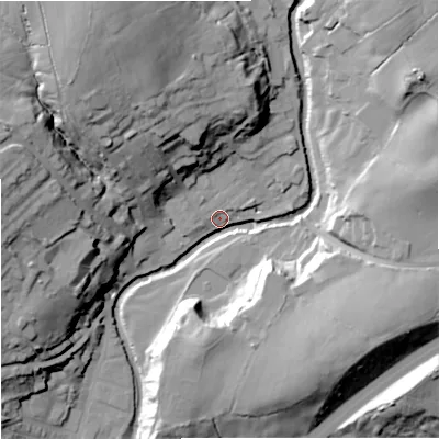Shaded relief map of the ground around BB96JE, computed from Environment Agency LiDAR. The ground here sits at about 126 m above sea level and falls 44 m across the surrounding 800 m. Surface water reaching this point runs off ground lying to the north-north-west, 39.7 m higher.