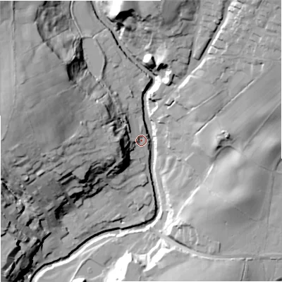 Shaded relief map of the ground around BB96JH, computed from Environment Agency LiDAR. The ground here sits at about 131 m above sea level and falls 42 m across the surrounding 800 m. Surface water reaching this point runs off ground lying to the west, 15.4 m higher.