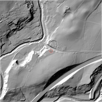 Shaded relief map of the ground around BB96JQ, computed from Environment Agency LiDAR. The ground here sits at about 140 m above sea level and falls 41 m across the surrounding 800 m. Surface water reaching this point runs off ground lying to the south-south-east, 12.2 m higher.