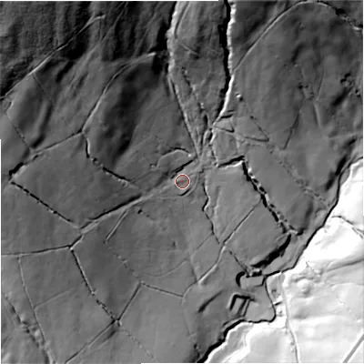 Shaded relief map of the ground around BB96LB, computed from Environment Agency LiDAR. The ground here sits at about 228 m above sea level and falls 126 m across the surrounding 800 m. Surface water reaching this point runs off ground lying to the north-west, 41.7 m higher.