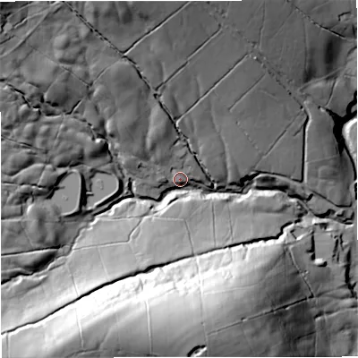Shaded relief map of the ground around BB96LJ, computed from Environment Agency LiDAR. The ground here sits at about 243 m above sea level and falls 75 m across the surrounding 800 m. Surface water reaching this point runs off ground lying to the north-west, 50.3 m higher.