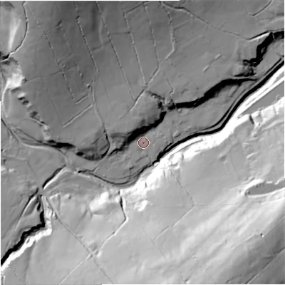 Shaded relief map of the ground around BB96NE, computed from Environment Agency LiDAR. The ground here sits at about 184 m above sea level and falls 75 m across the surrounding 800 m. Surface water reaching this point runs off ground lying to the west-north-west, 11.1 m higher.