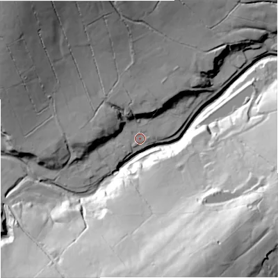 Shaded relief map of the ground around BB96NU, computed from Environment Agency LiDAR. The ground here sits at about 182 m above sea level and falls 76 m across the surrounding 800 m. Surface water reaching this point runs off ground lying to the west, 12.5 m higher.