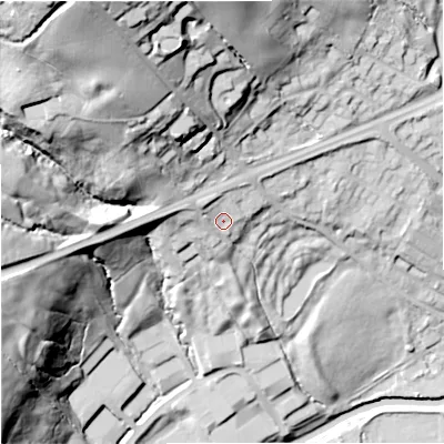 Shaded relief map of the ground around BB96QB, computed from Environment Agency LiDAR. The ground here sits at about 131 m above sea level and falls 69 m across the surrounding 800 m. Surface water reaching this point runs off ground lying to the west, 12.4 m higher.