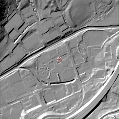 Shaded relief map of the ground around BB96RS, computed from Environment Agency LiDAR. The ground here sits at about 109 m above sea level and falls 35 m across the surrounding 800 m. Surface water reaching this point runs off ground lying to the south-east, 17.6 m higher.