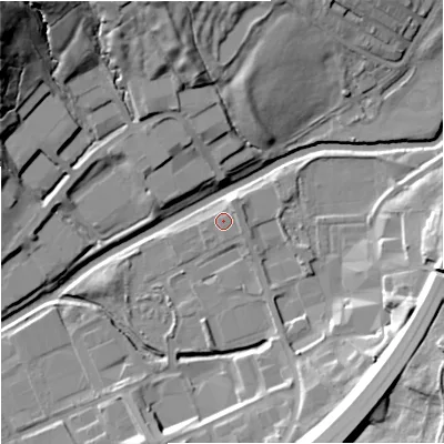 Shaded relief map of the ground around BB96RT, computed from Environment Agency LiDAR. The ground here sits at about 110 m above sea level and falls 38 m across the surrounding 800 m. Surface water reaching this point runs off ground lying to the north-north-east, 2.8 m higher.