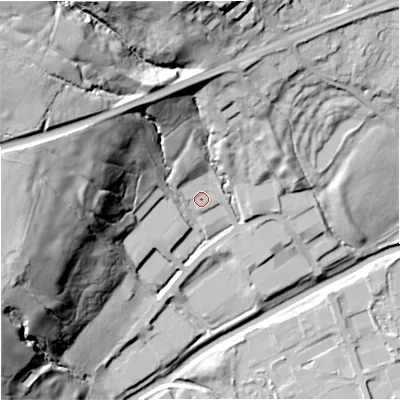 Shaded relief map of the ground around BB96RX, computed from Environment Agency LiDAR. The ground here sits at about 116 m above sea level and falls 54 m across the surrounding 800 m. Surface water reaching this point runs off ground lying to the north, 8.9 m higher.