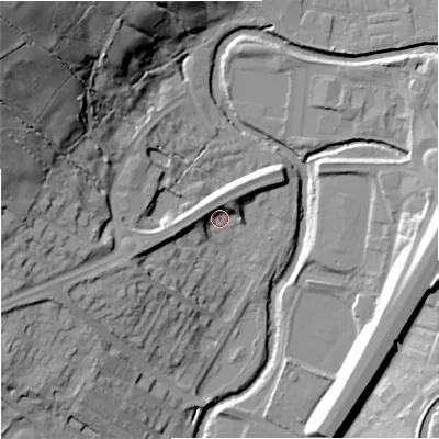 Shaded relief map of the ground around BB96SD, computed from Environment Agency LiDAR. The ground here sits at about 114 m above sea level and falls 52 m across the surrounding 800 m. Surface water reaching this point runs off ground lying to the north-west, 6.5 m higher.