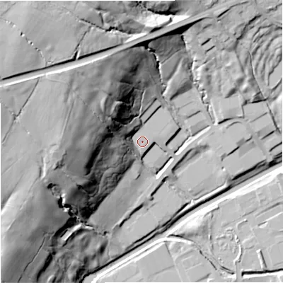 Shaded relief map of the ground around BB96SH, computed from Environment Agency LiDAR. The ground here sits at about 116 m above sea level and falls 56 m across the surrounding 800 m. Surface water reaching this point runs off ground lying to the north-west, 34.7 m higher.