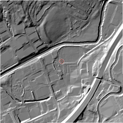 Shaded relief map of the ground around BB97AF, computed from Environment Agency LiDAR. The ground here sits at about 109 m above sea level and falls 33 m across the surrounding 800 m. Surface water reaching this point runs off ground lying to the east-north-east, 4.1 m higher.