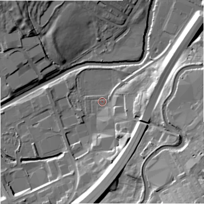 Shaded relief map of the ground around BB97BH, computed from Environment Agency LiDAR. The ground here sits at about 110 m above sea level and falls 37 m across the surrounding 800 m. Surface water reaching this point runs off ground lying to the east-south-east, 21.9 m higher.