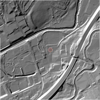 Shaded relief map of the ground around BB97BJ, computed from Environment Agency LiDAR. The ground here sits at about 110 m above sea level and falls 37 m across the surrounding 800 m. Surface water reaching this point runs off ground lying to the east-south-east, 22.2 m higher.