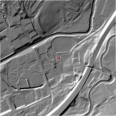 Shaded relief map of the ground around BB97BL, computed from Environment Agency LiDAR. The ground here sits at about 109 m above sea level and falls 37 m across the surrounding 800 m. Surface water reaching this point runs off ground lying to the north-east, 4.1 m higher.